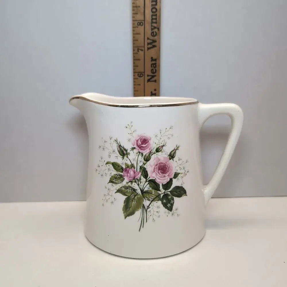 Vintage Sabin China Cathy Rose‎ Pitcher Smooth Edge Gold Trim